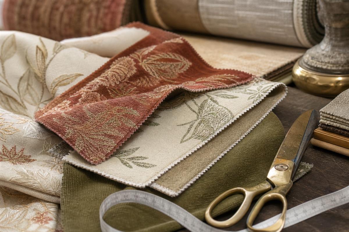 Stacked fabric swatches in soft neutral tones