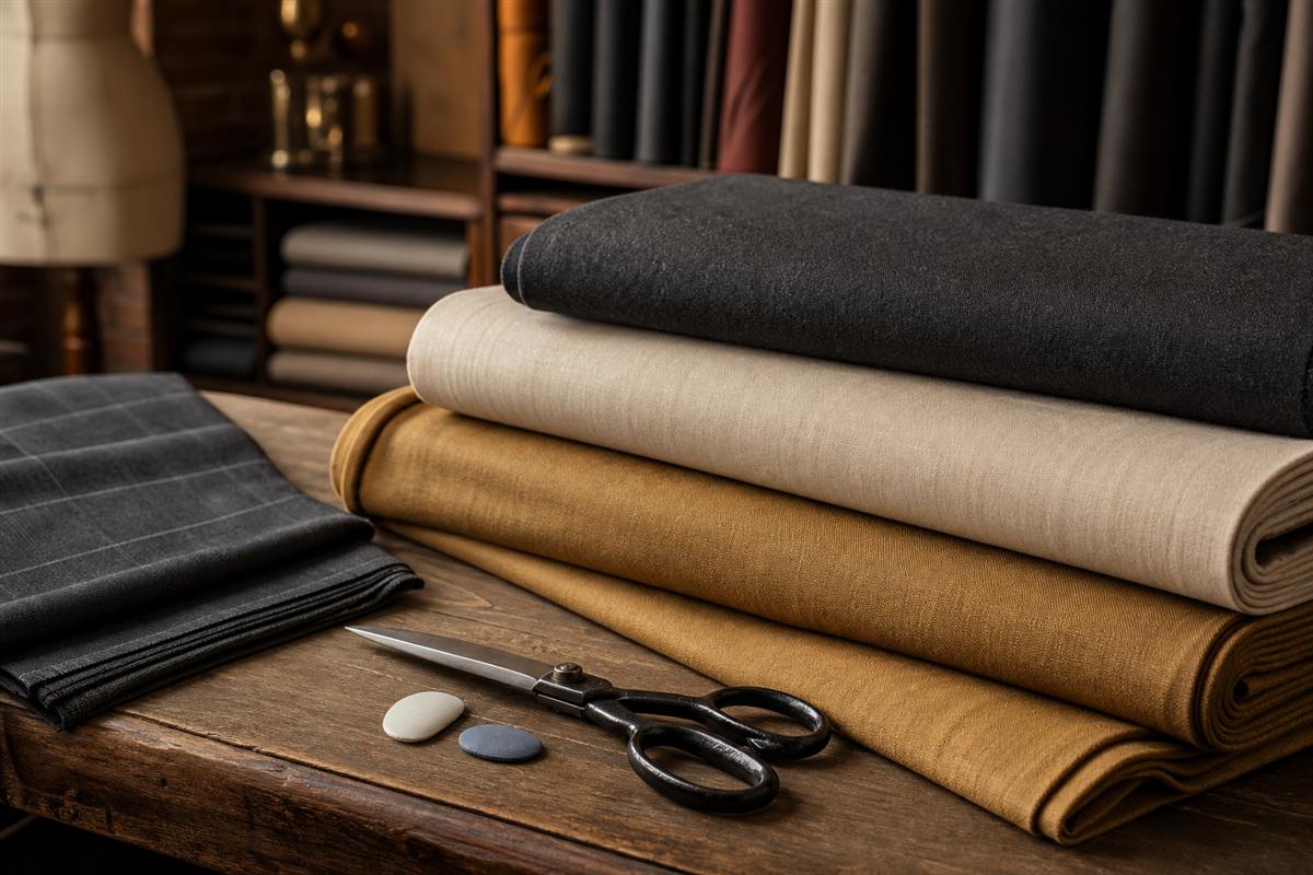 Fabric rolls and textile samples in the atelier